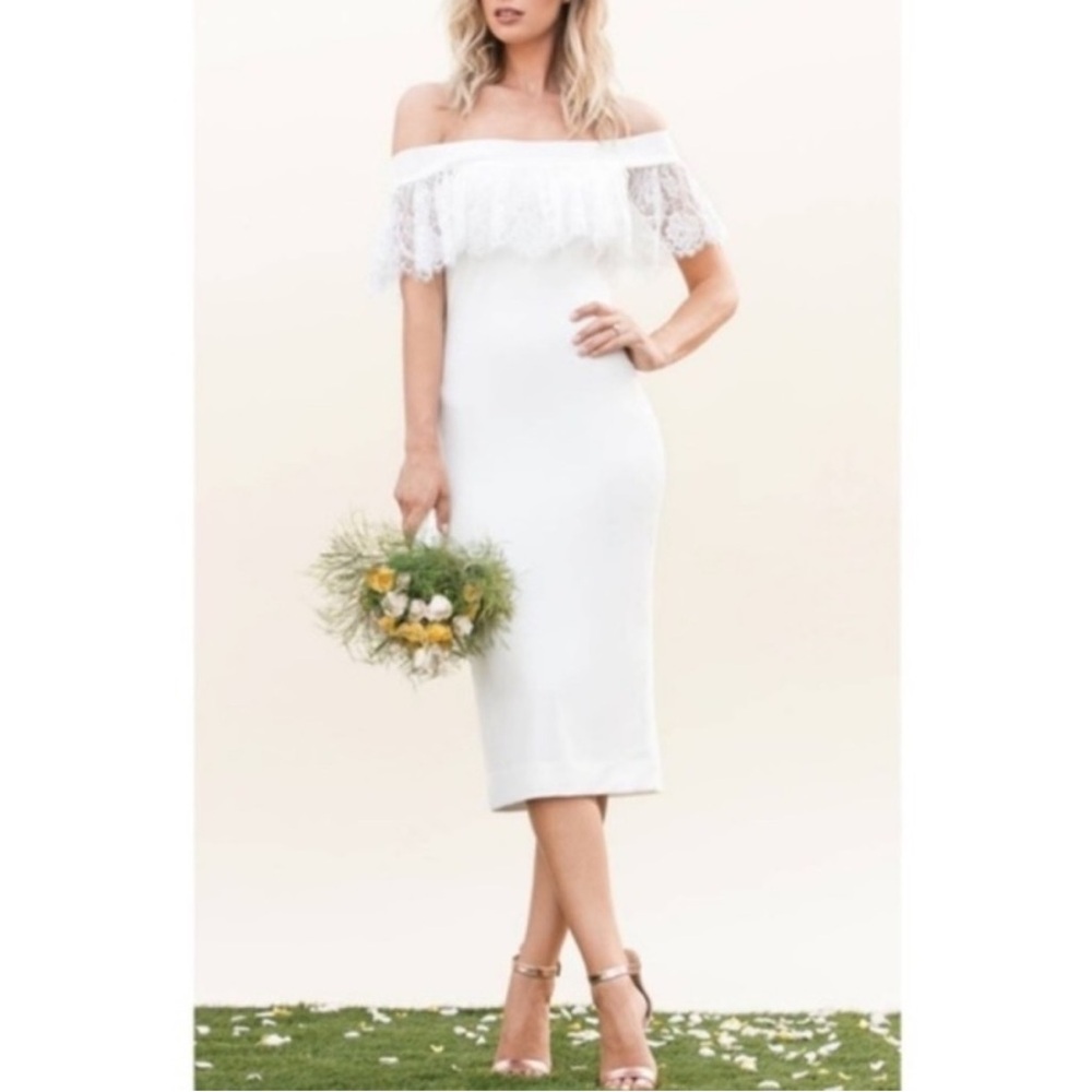 Dress the Population Alice Off the Shoulder Lace Midi Dress in Ivory Size Small